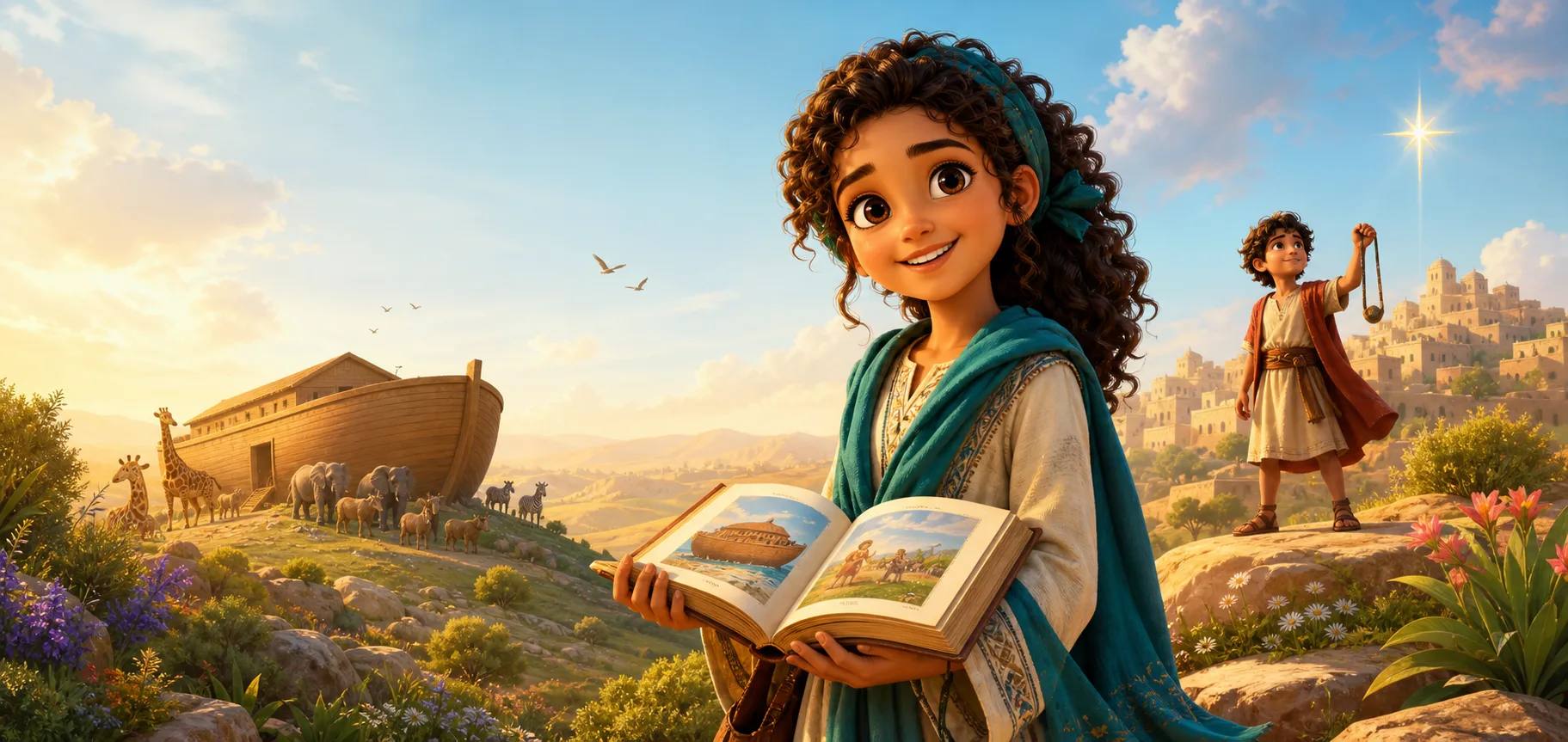 Children discovering Bible stories in a joyful animated landscape